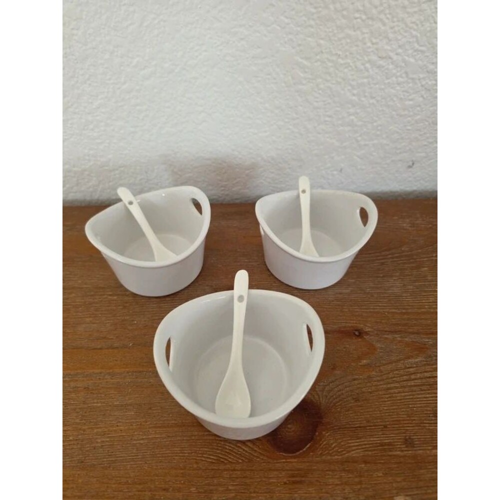 Set of 3 Small White Ramekin/ Condiment Dish with Spoons